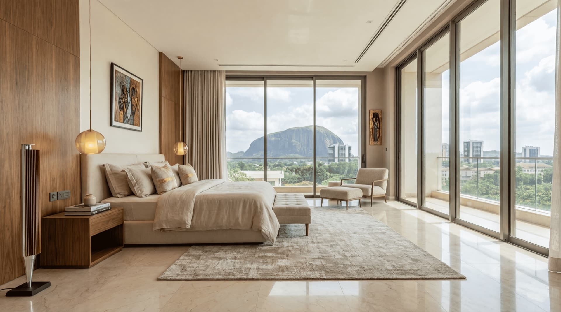 Luxury apartment master bedroom with view of Aso Rock